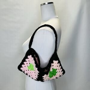 Crochet Granny Square Purse Open Shoulder Bag Small Handmade Pink Black Green